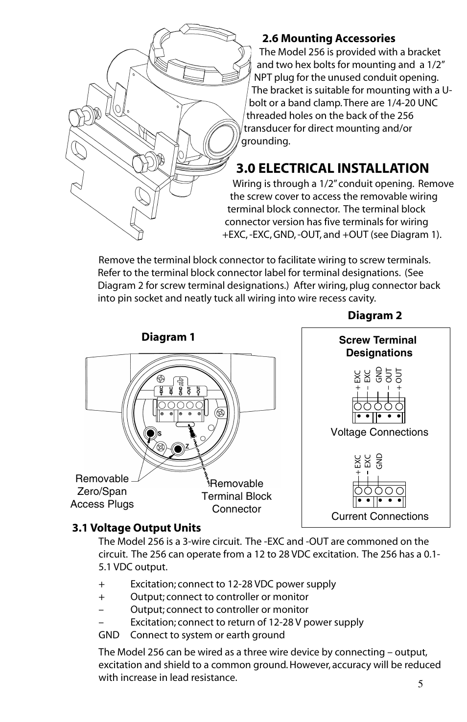 0 electrical installation, Diagram 1, Diagram 2 | 1 voltage output units, 6 mounting accessories | Setra System Model 256 User Manual | Page 5 / 8