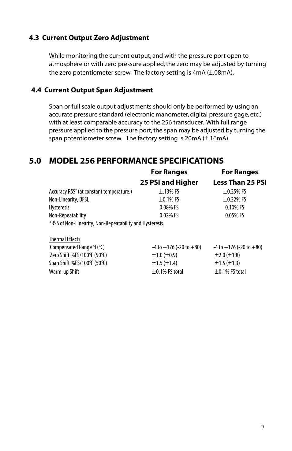 0 model 256 performance specifications | Setra System Model 256 User Manual | Page 7 / 8