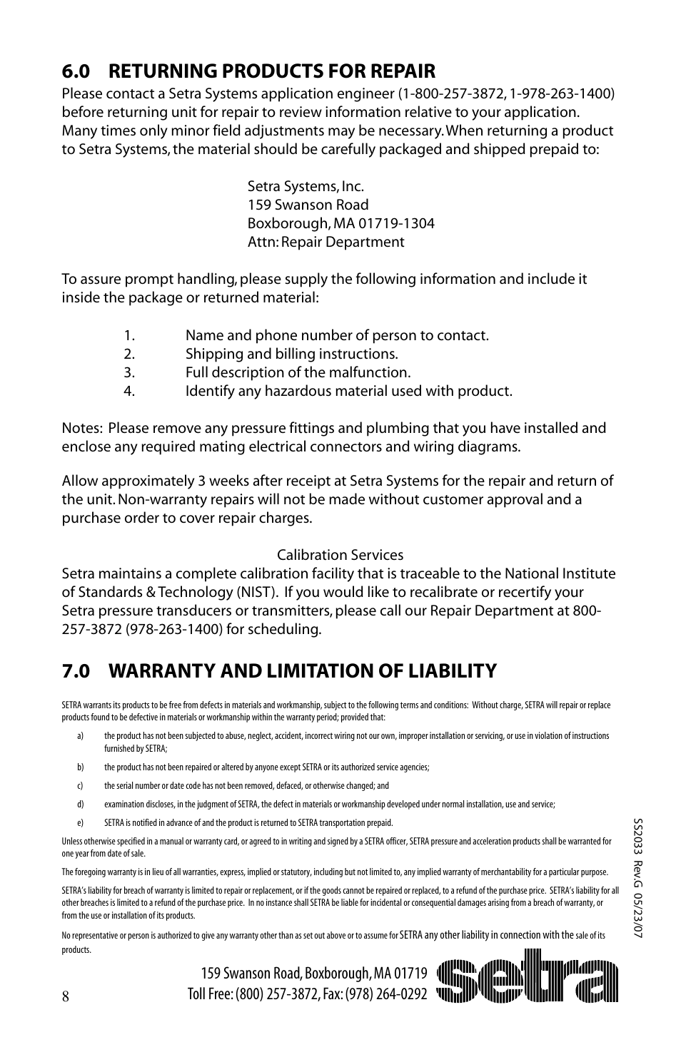 0 returning products for repair, 0 warranty and limitation of liability | Setra System Model 256 User Manual | Page 8 / 8