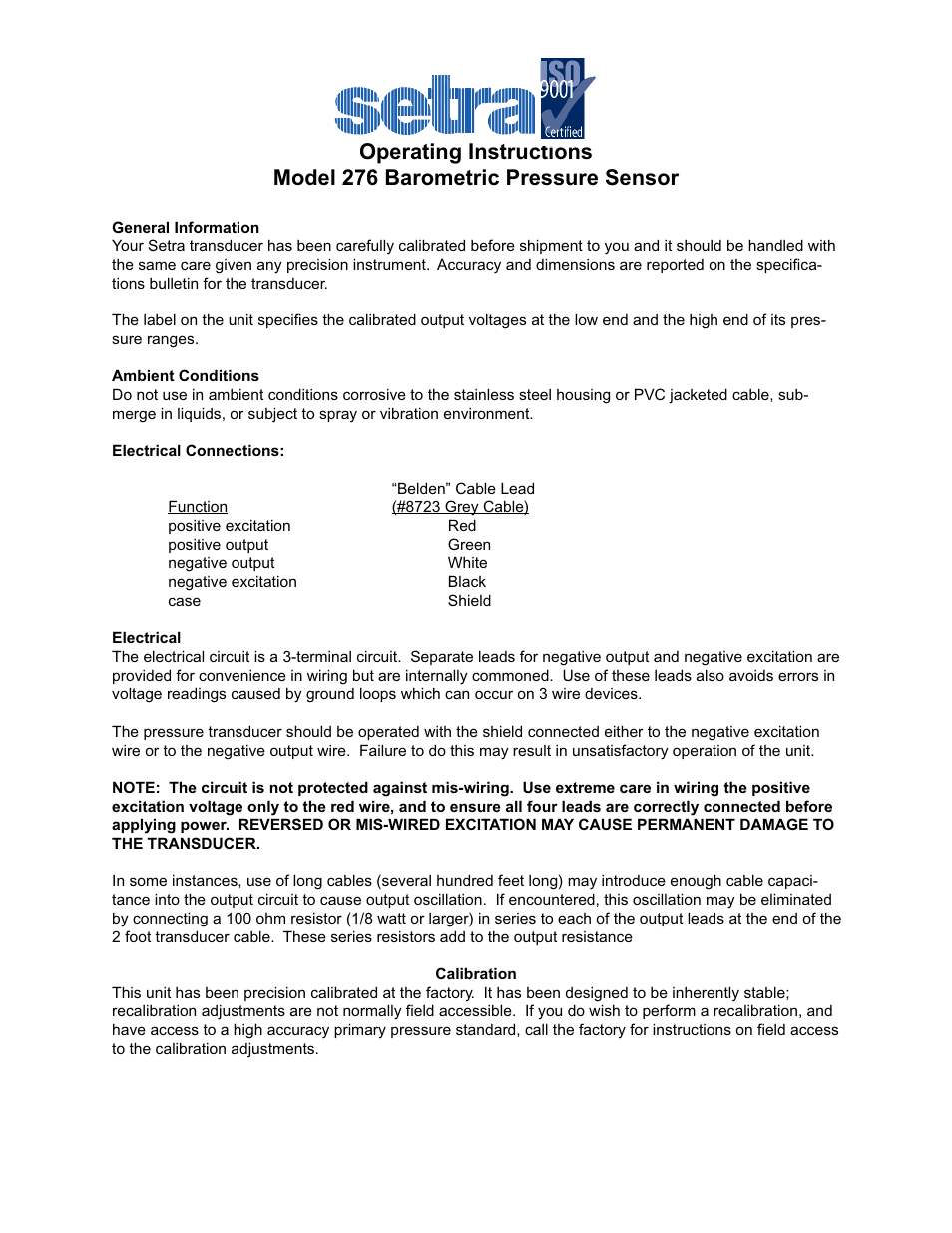 Setra System Model 276 User Manual | 2 pages
