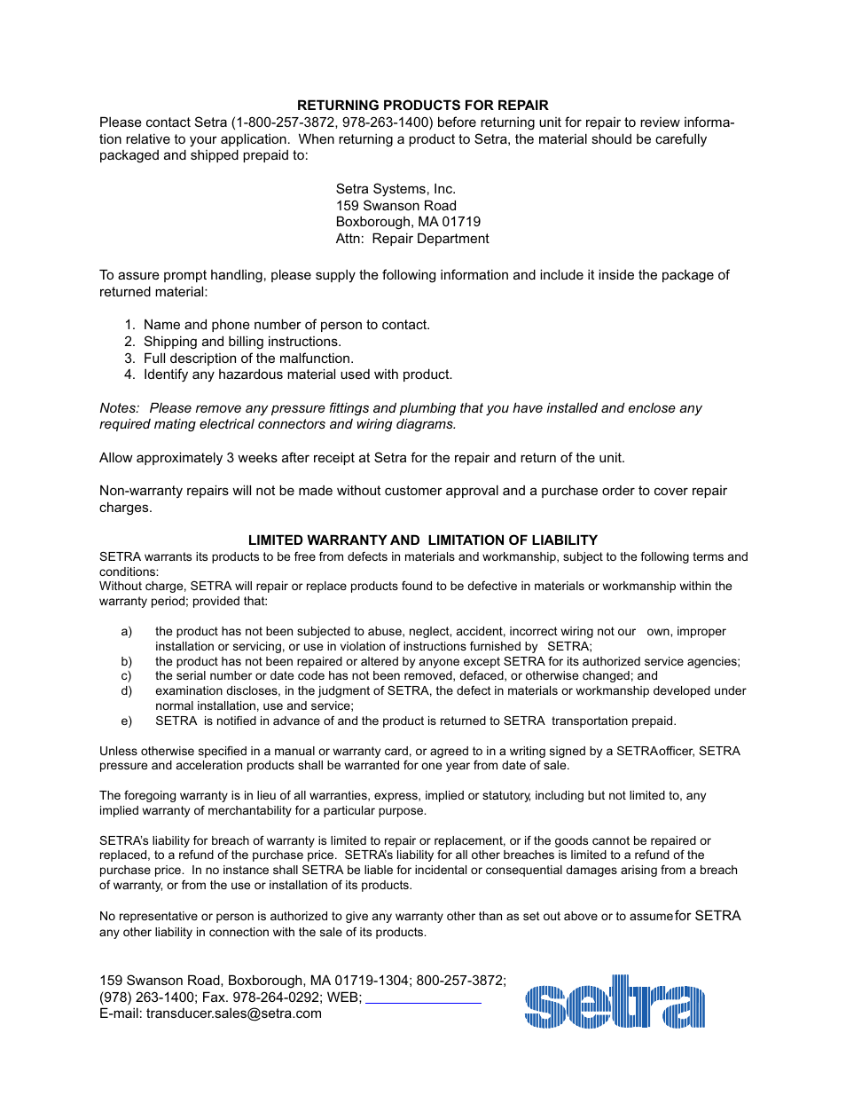Setra System Model 276 User Manual | Page 2 / 2