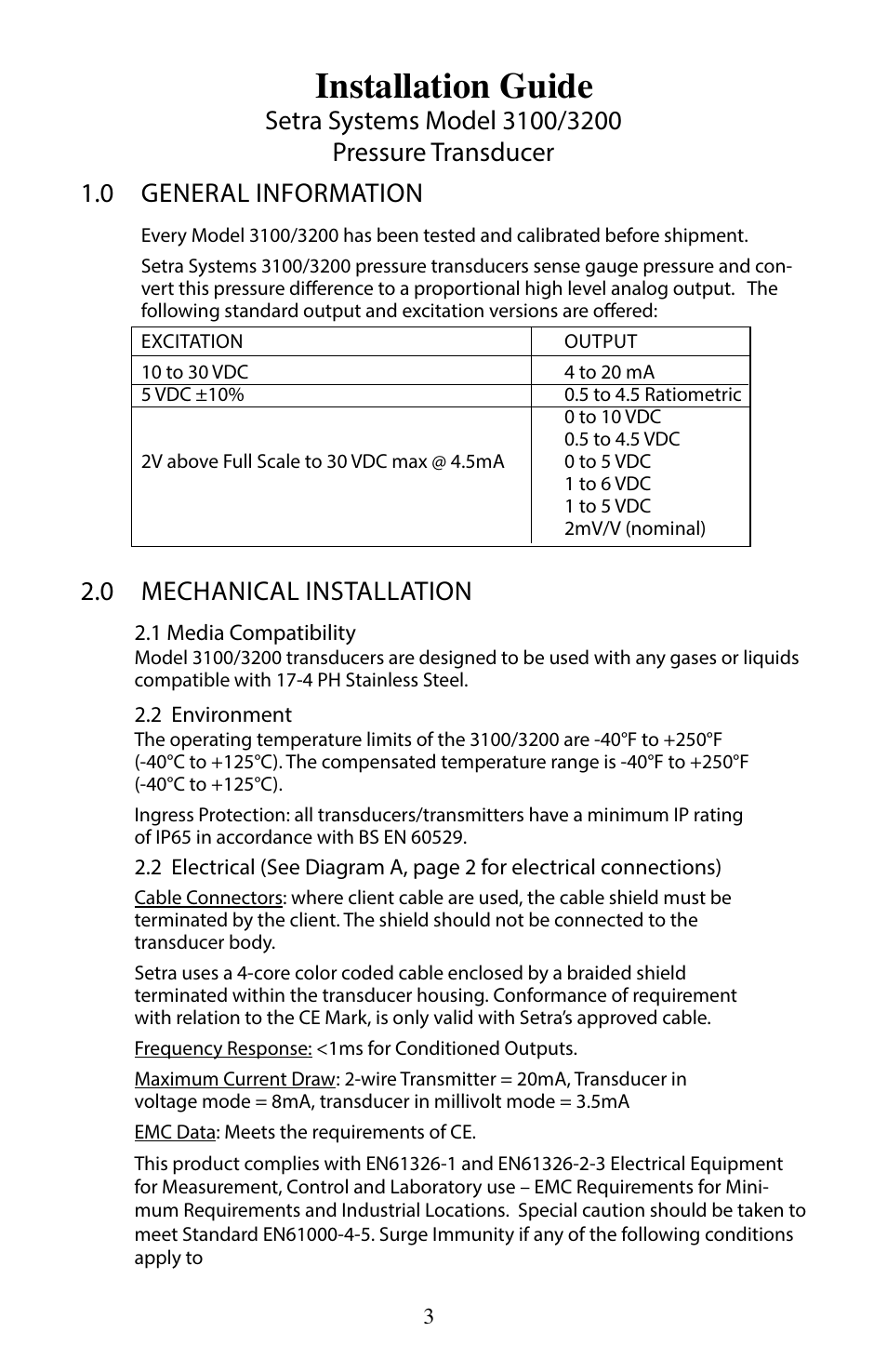 Installation guide, 0 mechanical installation | Setra System Model 3200 User Manual | Page 3 / 8