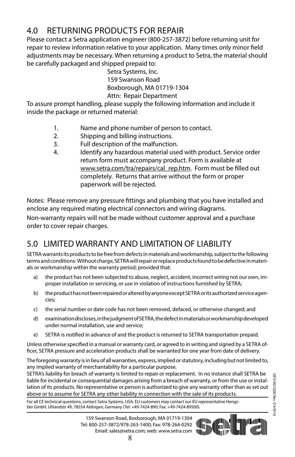 0 returning products for repair, 0 limited warranty and limitation of liability | Setra System Model 3200 User Manual | Page 8 / 8