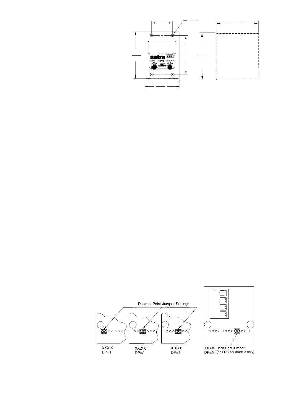 0 panel-mount configuration, 0 calibration, 1 zero & sensitivity adjustment | 2 decimal points, 3 backlighting | Setra System Model LD330 User Manual | Page 2 / 4