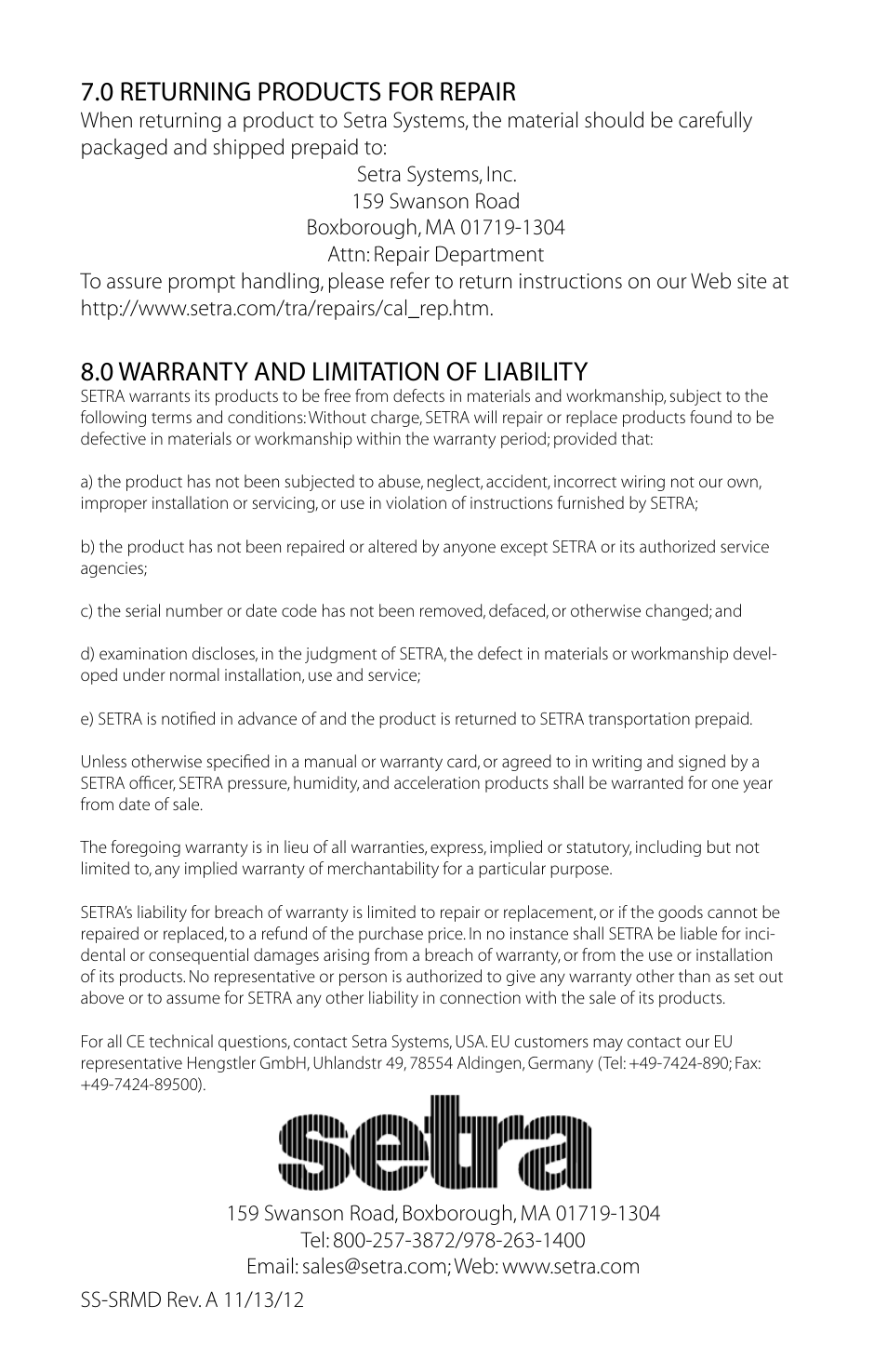 0 returning products for repair, 0 warranty and limitation of liability | Setra System Model SRMD User Manual | Page 8 / 8