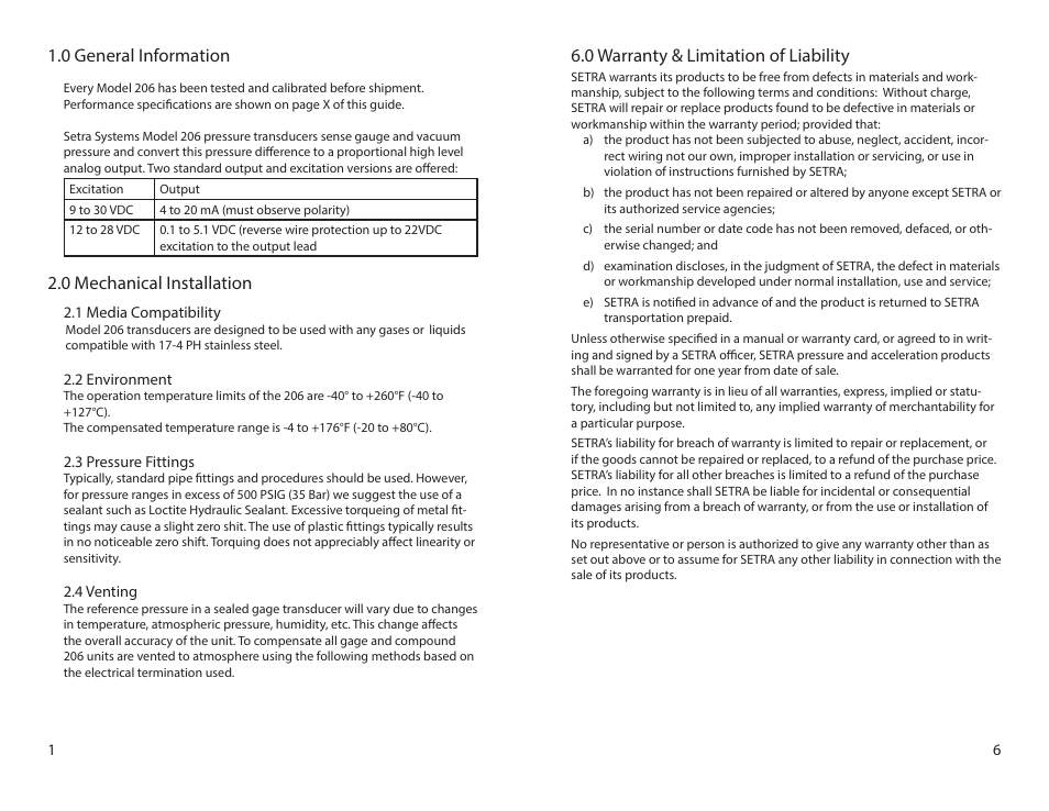 0 general information, 0 mechanical installation, 0 warranty & limitation of liability | Setra System Setra Model 206 User Manual | Page 2 / 4