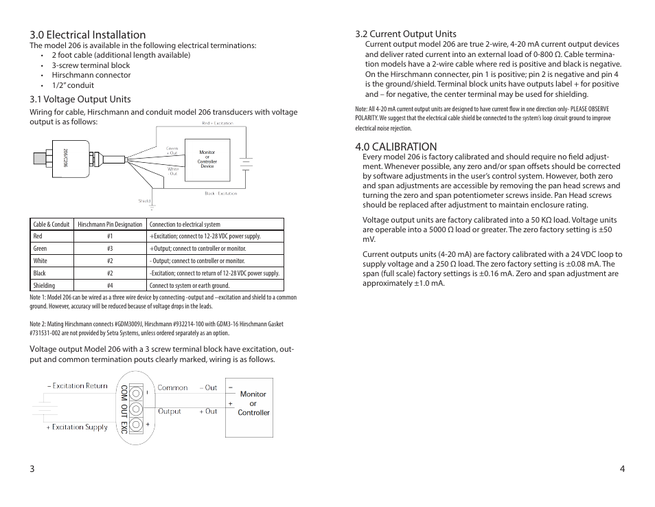 0 electrical installation, 0 calibration | Setra System Setra Model 206 User Manual | Page 4 / 4