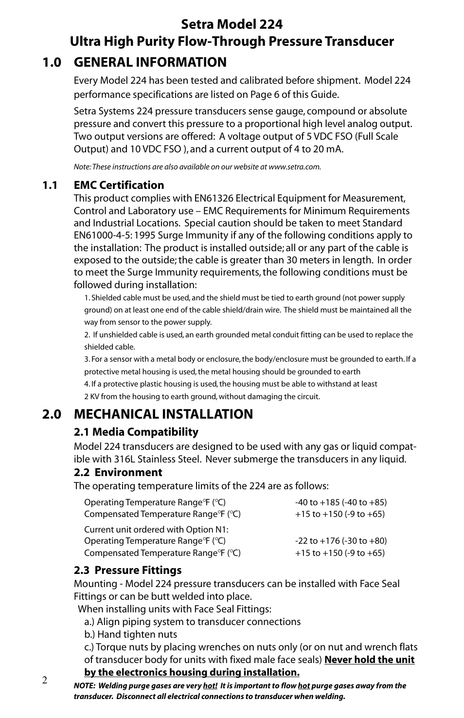 0 mechanical installation, 1 emc certification, 1 media compatibility | 2 environment, 3 pressure fittings | Setra System Model 224 User Manual | Page 2 / 8