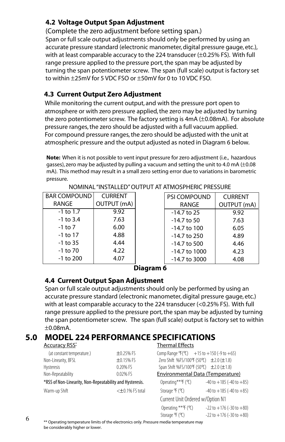 0 model 224 performance specifications, 3 current output zero adjustment, 4 current output span adjustment | Diagram 6 | Setra System Model 224 User Manual | Page 6 / 8