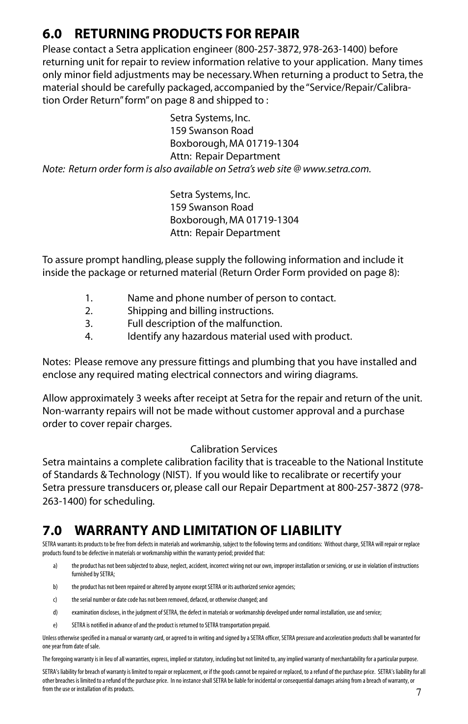 0 returning products for repair, 0 warranty and limitation of liability | Setra System Model 224 User Manual | Page 7 / 8