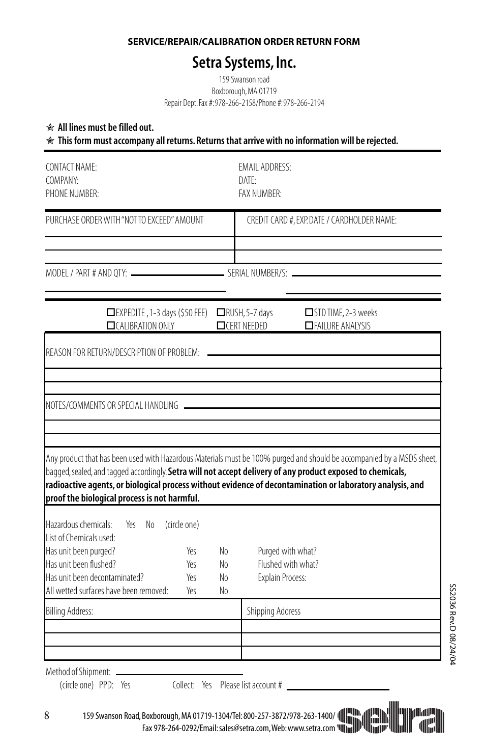 Setra systems, inc | Setra System Model 224 User Manual | Page 8 / 8