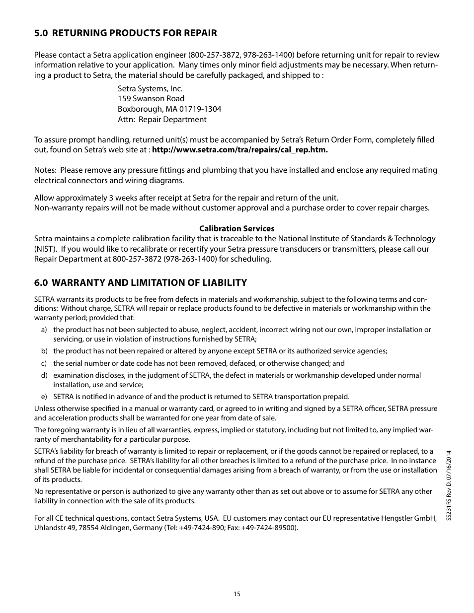 0 returning products for repair, 0 warranty and limitation of liability | Setra System Model 231RS User Manual | Page 15 / 16