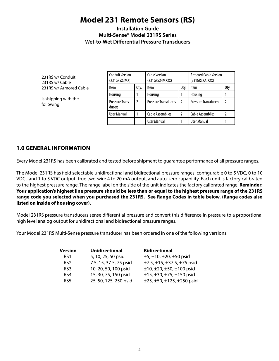 Model 231 remote sensors (rs), 0 general information | Setra System Model 231RS User Manual | Page 4 / 16