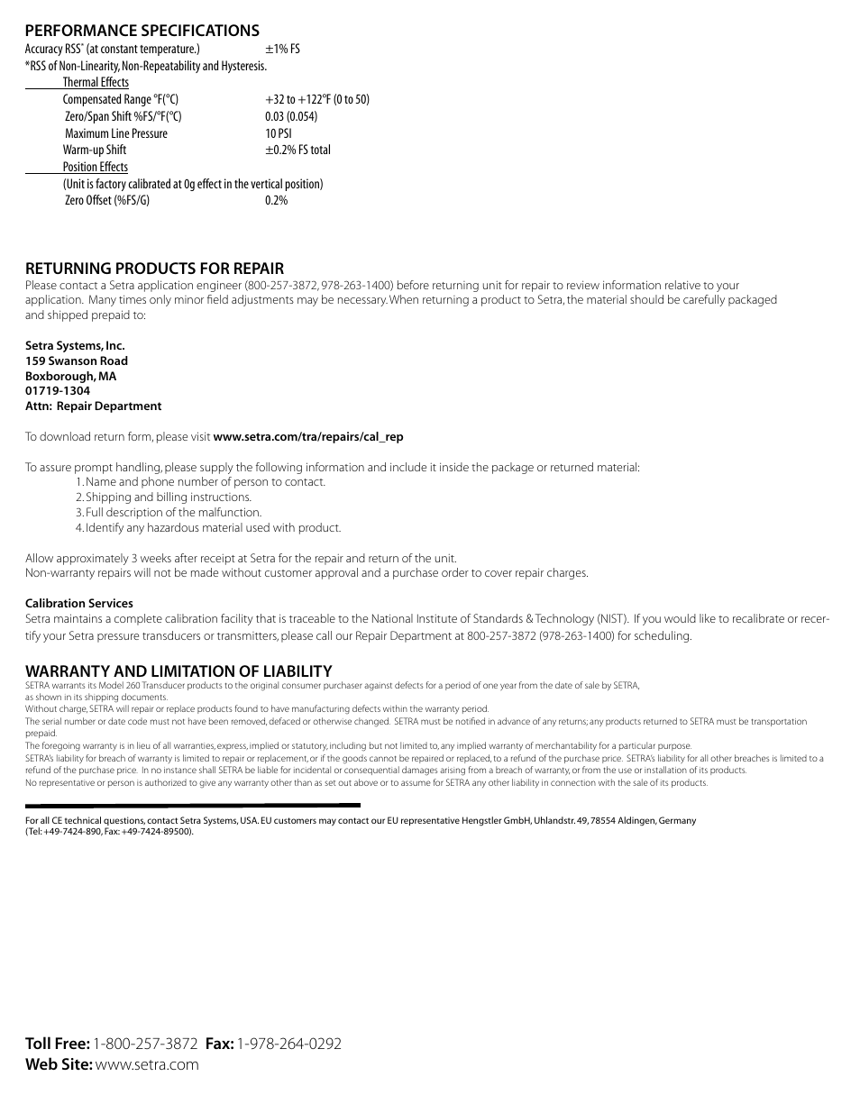 Returning products for repair, Warranty and limitation of liability | Setra System 260 User Manual | Page 2 / 2