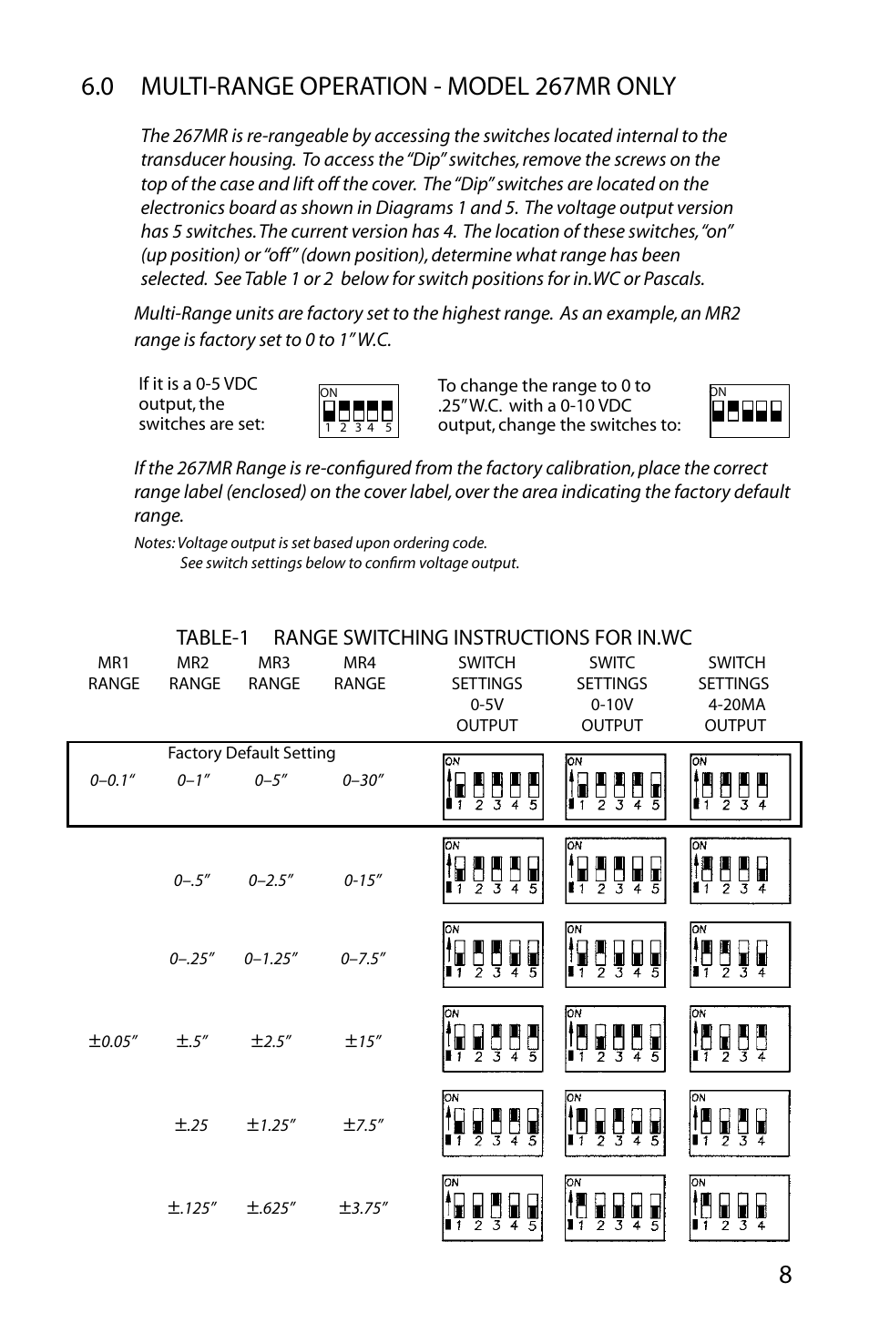 0 multi-range operation - model 267mr only, Table-1 range switching instructions for in.wc | Setra System 267MR User Manual | Page 11 / 14