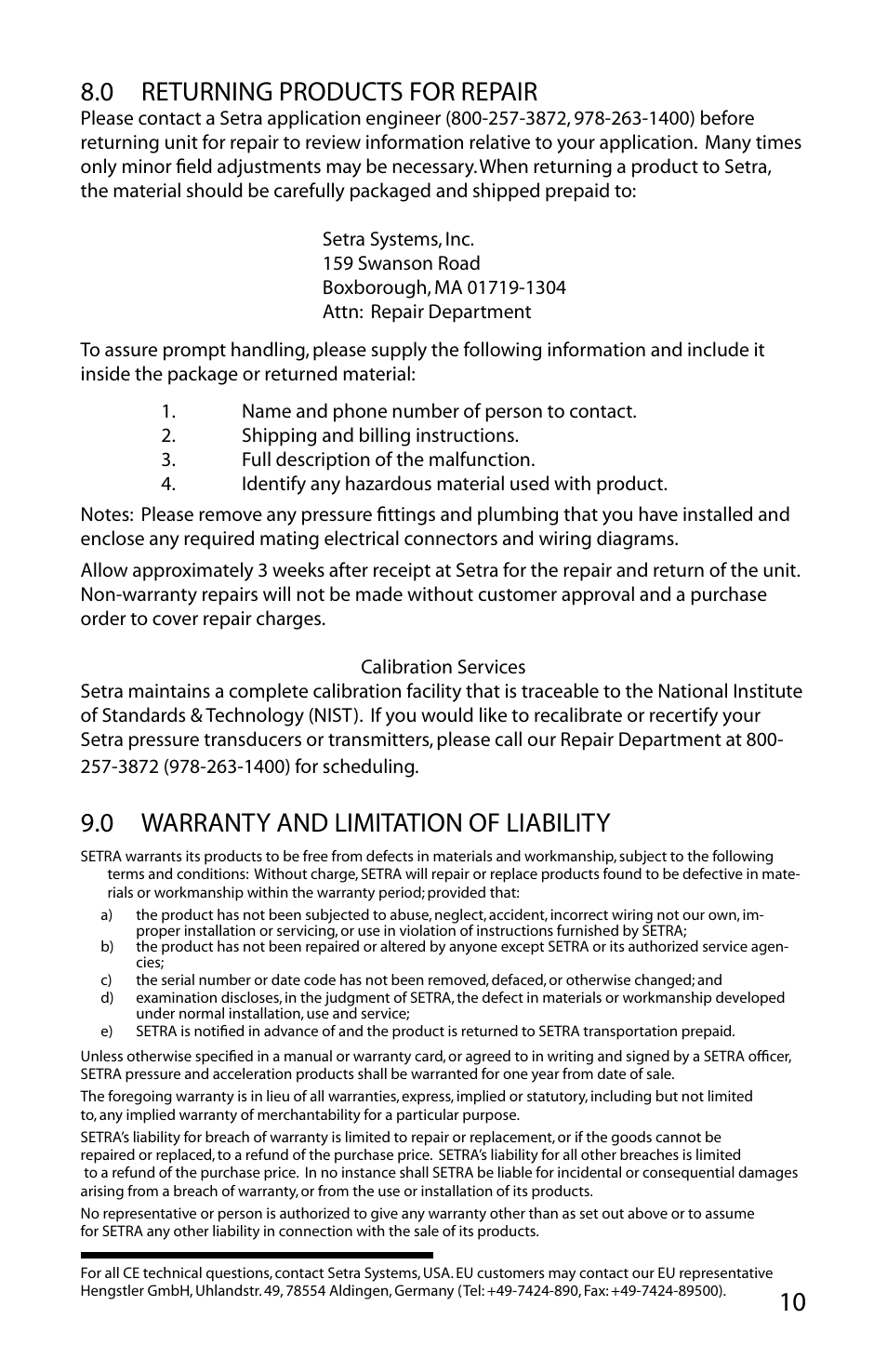 10 8.0 returning products for repair, 0 warranty and limitation of liability | Setra System 267MR User Manual | Page 13 / 14