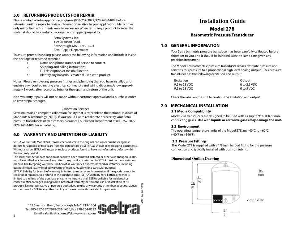 Setra System Model 278 User Manual | 2 pages