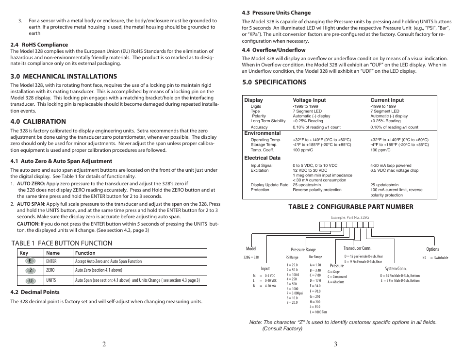 0 mechanical installations, 0 calibration, Table 1 face button function | 0 specifications, Table 2 configurable part number | Setra System Model 328 User Manual | Page 2 / 3