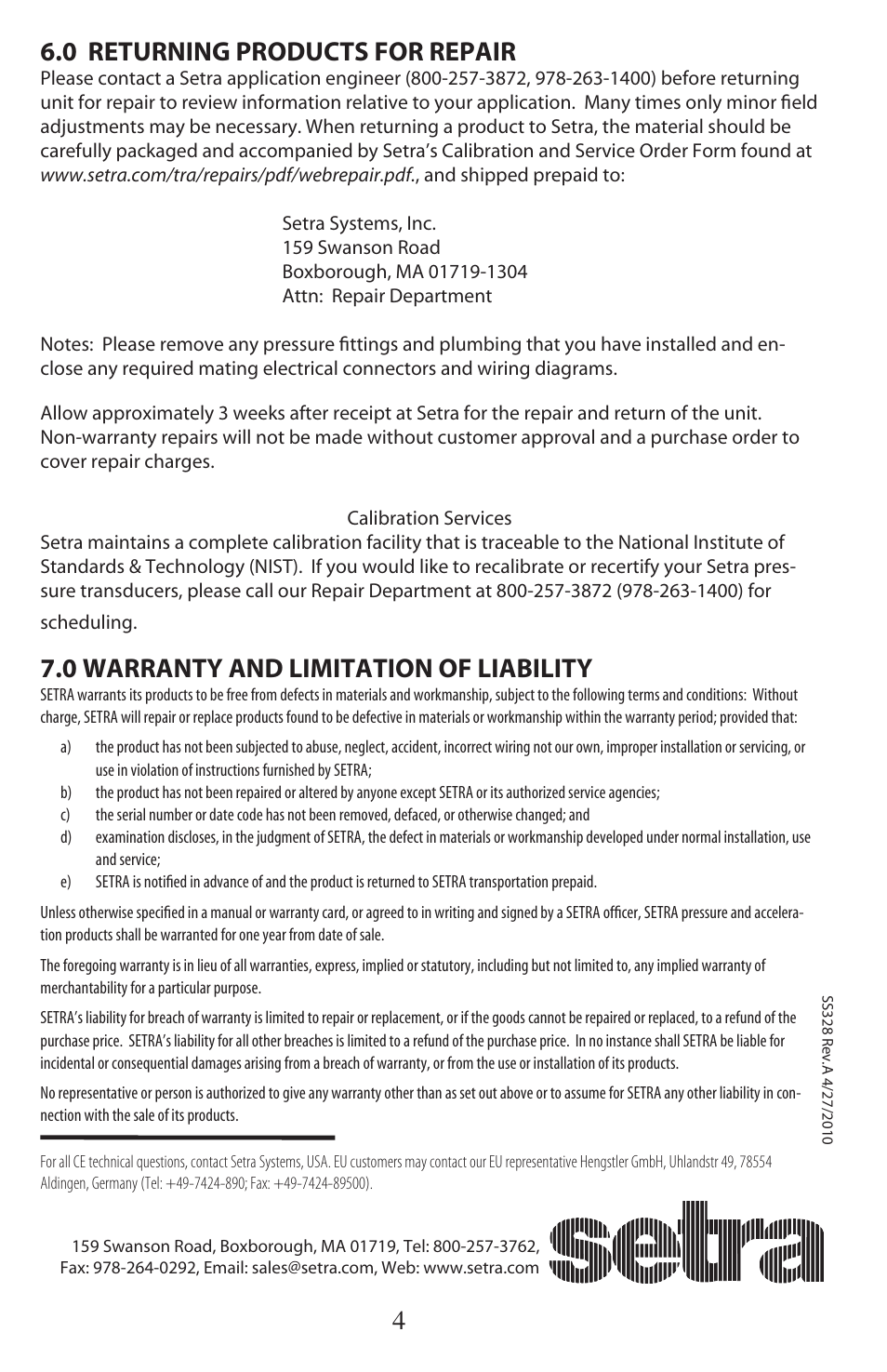 0 returning products for repair, 0 warranty and limitation of liability | Setra System Model 328 User Manual | Page 3 / 3