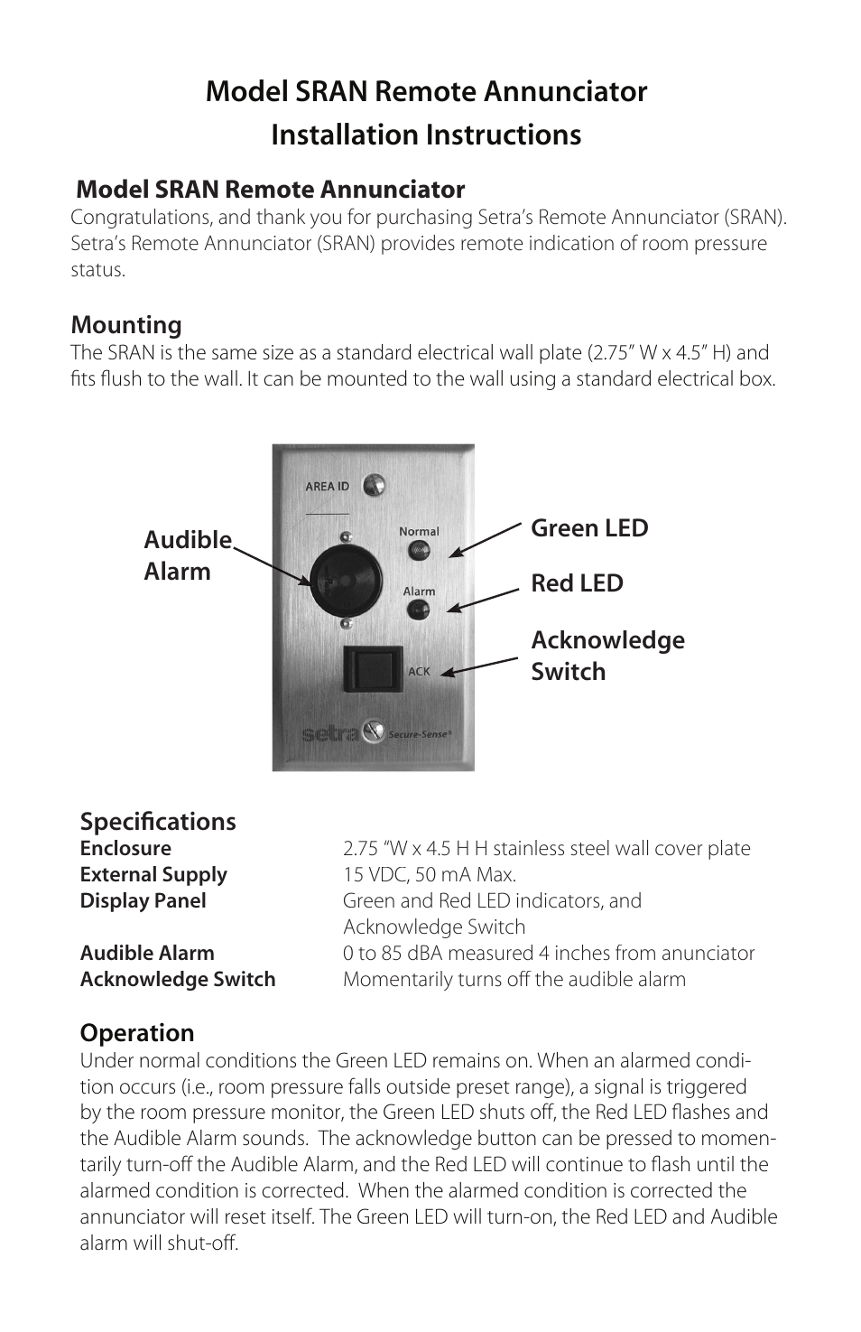 Setra System SRAN User Manual | 4 pages
