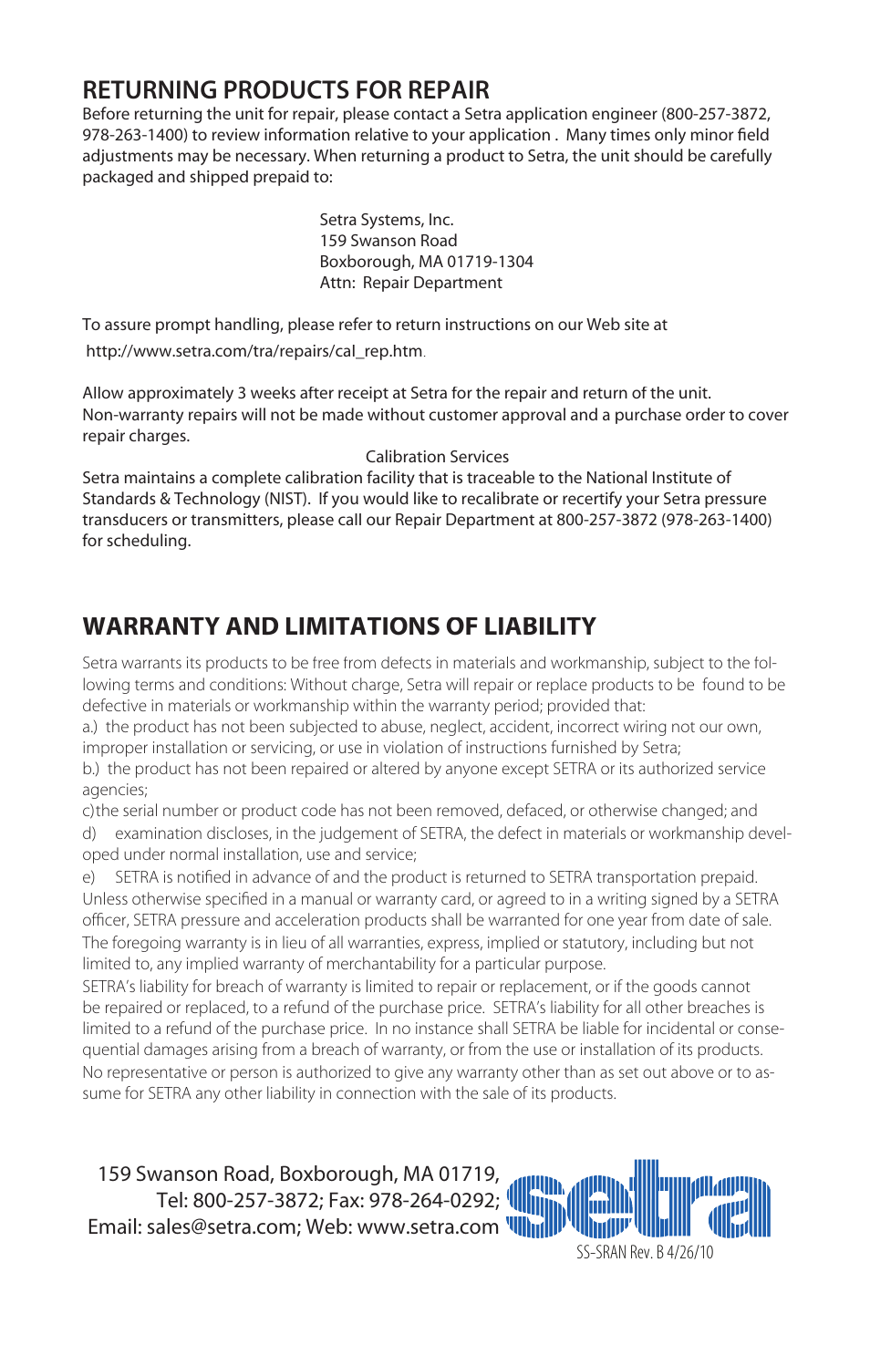 Returning products for repair, Warranty and limitations of liability | Setra System SRAN User Manual | Page 4 / 4