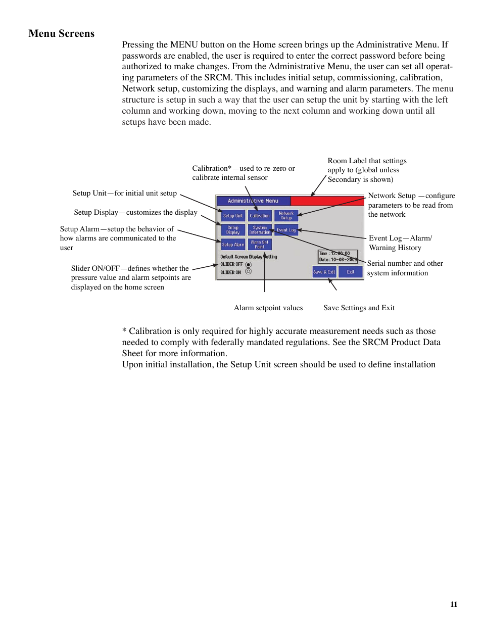 Menu screens | Setra System SRCM User Manual | Page 11 / 43