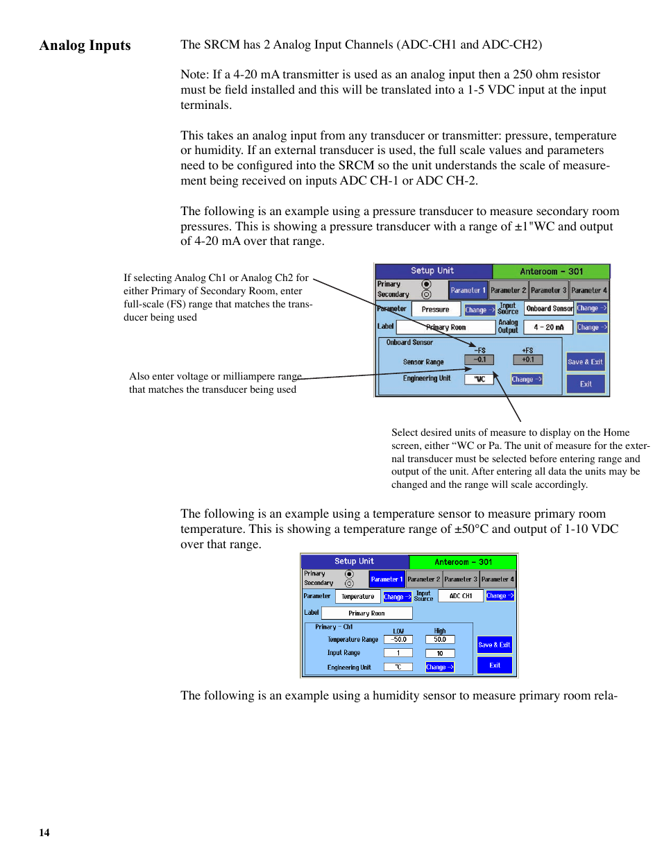 Analog inputs | Setra System SRCM User Manual | Page 14 / 43