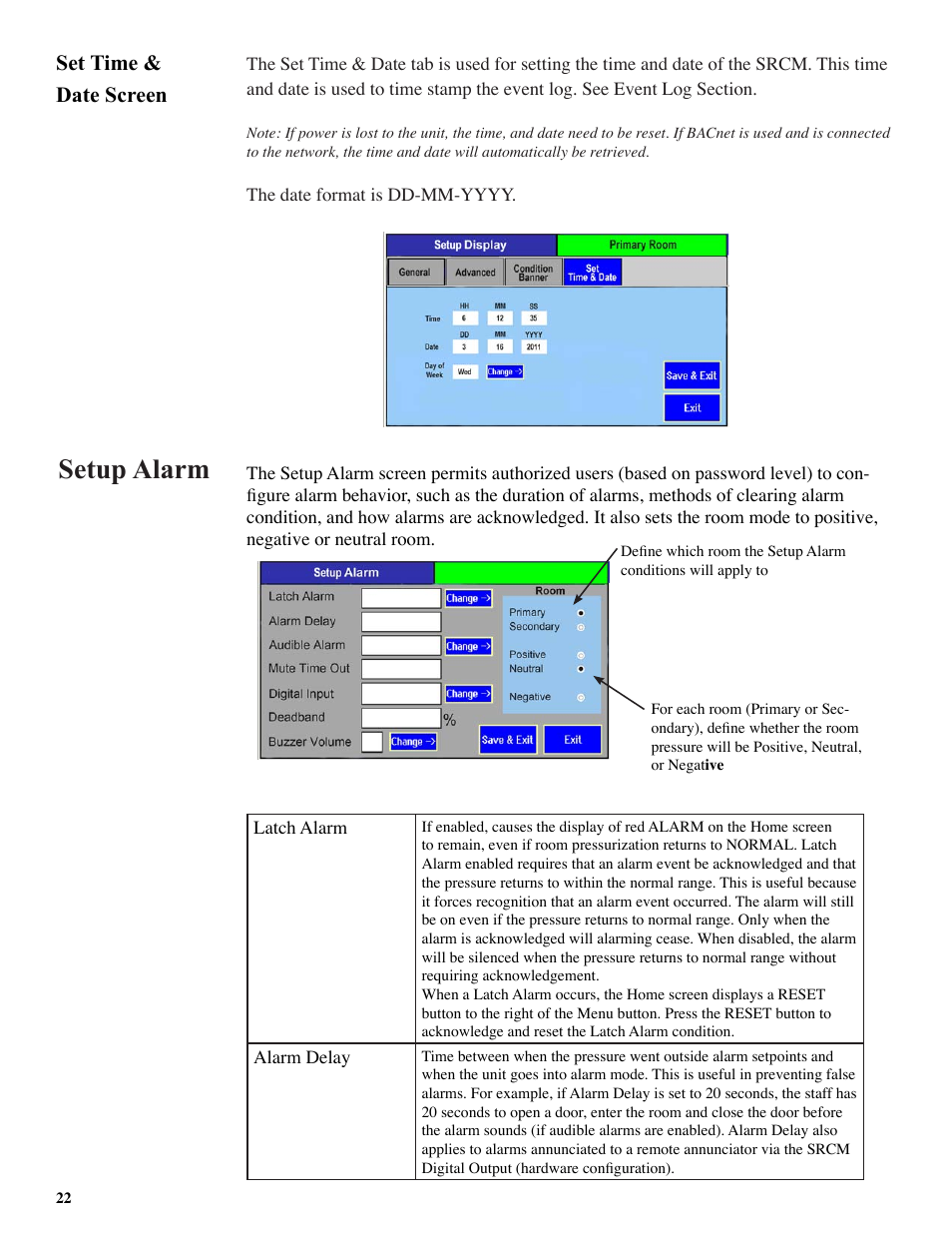 Setup alarm, Set time & date screen | Setra System SRCM User Manual | Page 22 / 43