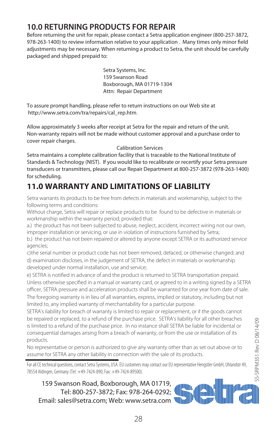 0 warranty and limitations of liability | Setra System SRPM User Manual | Page 28 / 28