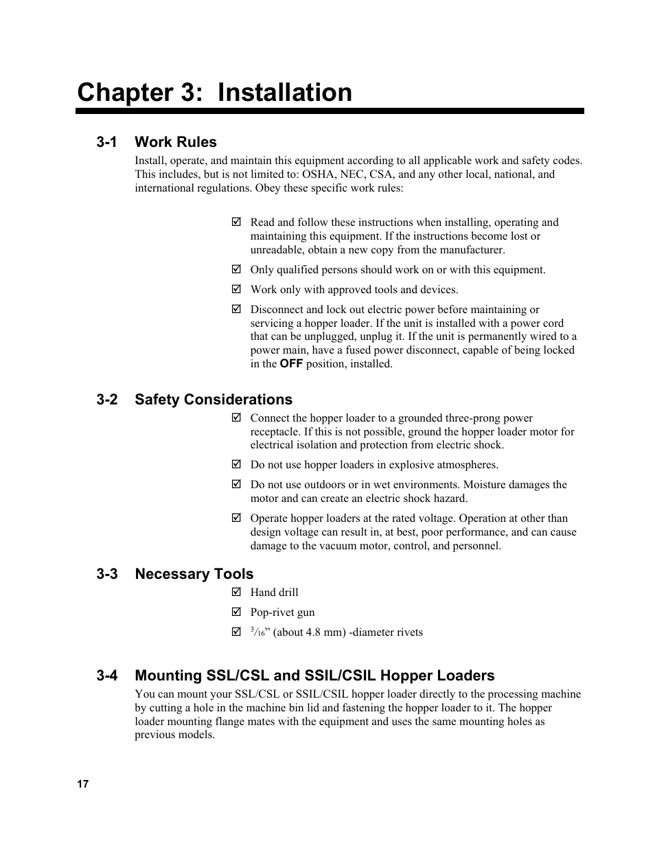 Chapter 3: installation, 1 work rules, 2 safety considerations | 3 necessary tools, 4 mounting ssl/csl and ssil/csil hopper loaders | Sterlco SSL and SSIL Series Hopper Loaders User Manual | Page 17 / 69