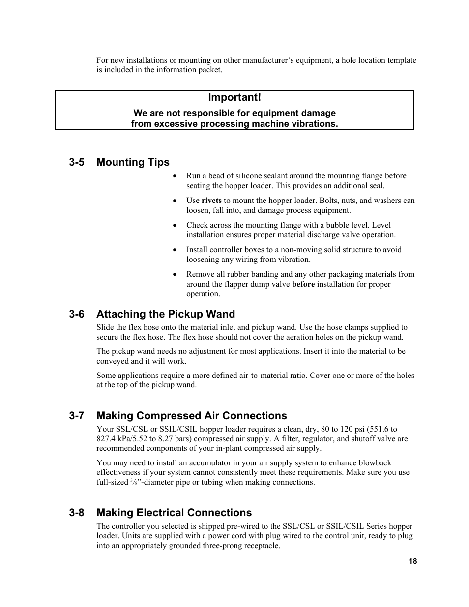 Important, 5 mounting tips, 6 attaching the pickup wand | 7 making compressed air connections, 8 making electrical connections | Sterlco SSL and SSIL Series Hopper Loaders User Manual | Page 18 / 69