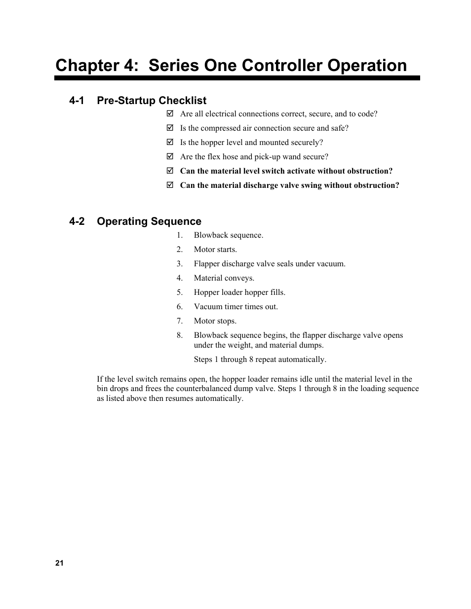 Chapter 4: series one controller operation, 1 pre-startup checklist, 2 operating sequence | Sterlco SSL and SSIL Series Hopper Loaders User Manual | Page 21 / 69