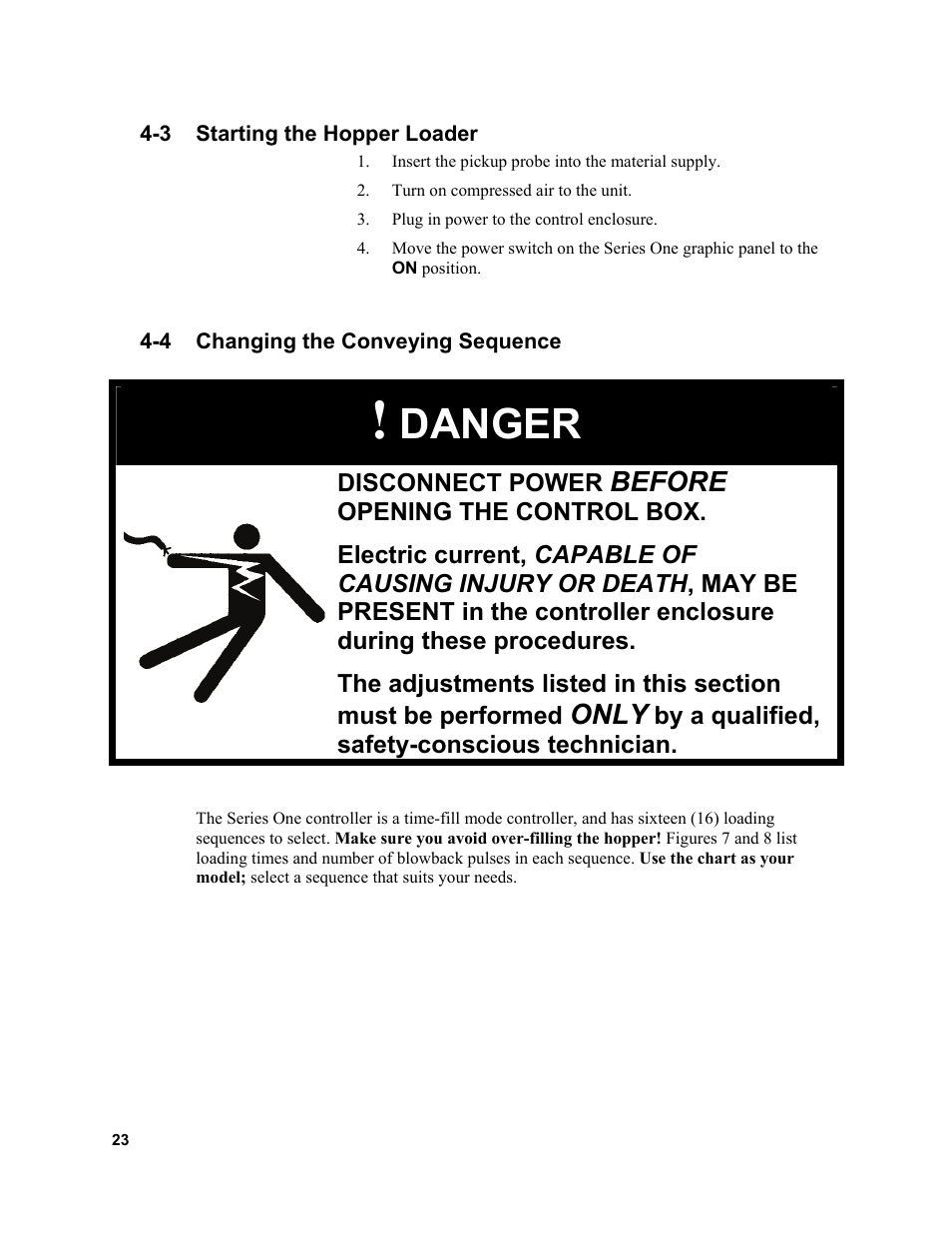 Danger, Before, Only | Sterlco SSL and SSIL Series Hopper Loaders User Manual | Page 23 / 69
