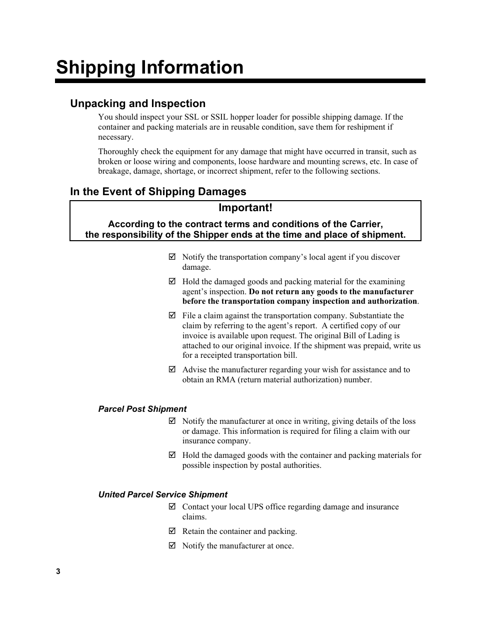 Shipping information, Unpacking and inspection | Sterlco SSL and SSIL Series Hopper Loaders User Manual | Page 3 / 69