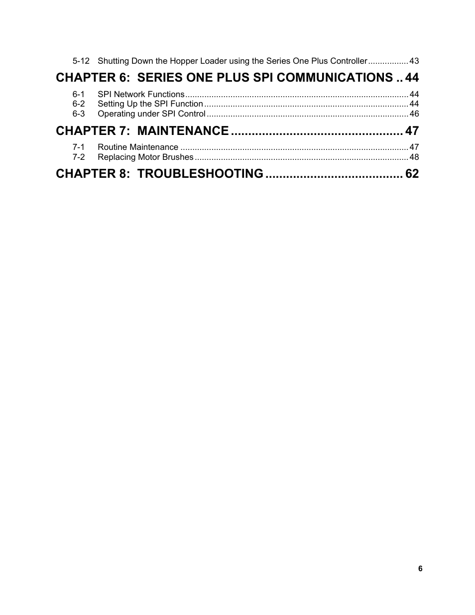 Chapter 6: series one plus spi communications, Chapter 7: maintenance, Chapter 8: troubleshooting | Sterlco SSL and SSIL Series Hopper Loaders User Manual | Page 6 / 69