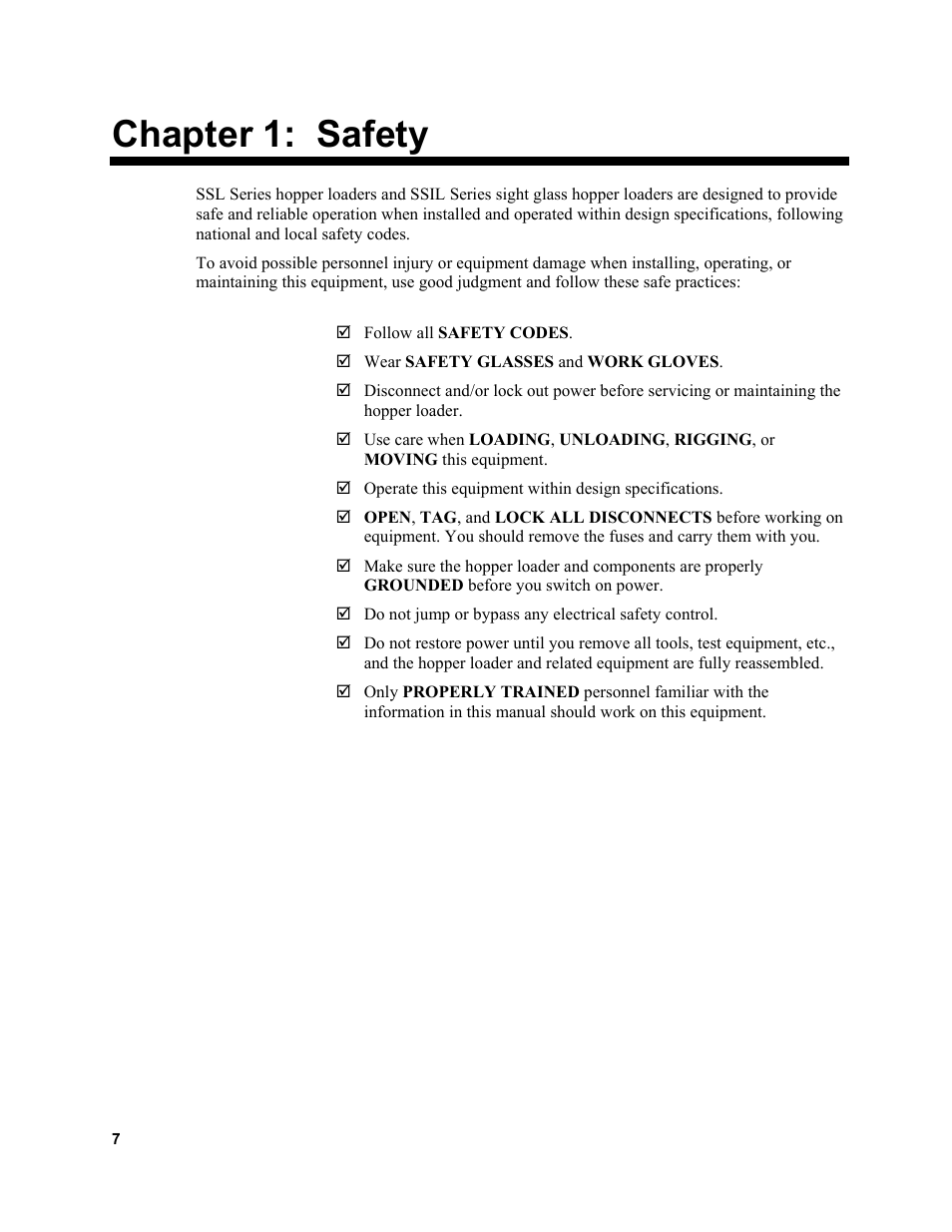 Chapter 1: safety | Sterlco SSL and SSIL Series Hopper Loaders User Manual | Page 7 / 69
