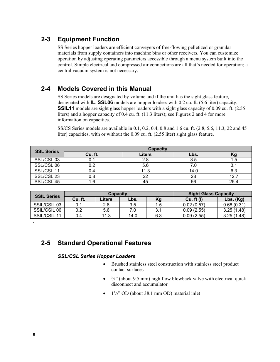 3 equipment function, 4 models covered in this manual, 5 standard operational features | Sterlco SSL and SSIL Series Hopper Loaders User Manual | Page 9 / 69