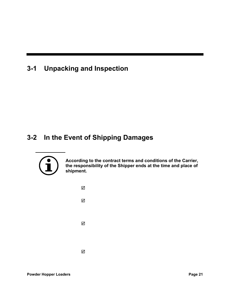 3 shipping information, 1 unpacking and inspection, 2 in the event of shipping damages | Important | Sterlco SPL Series Powder Hopper Loader User Manual | Page 21 / 43