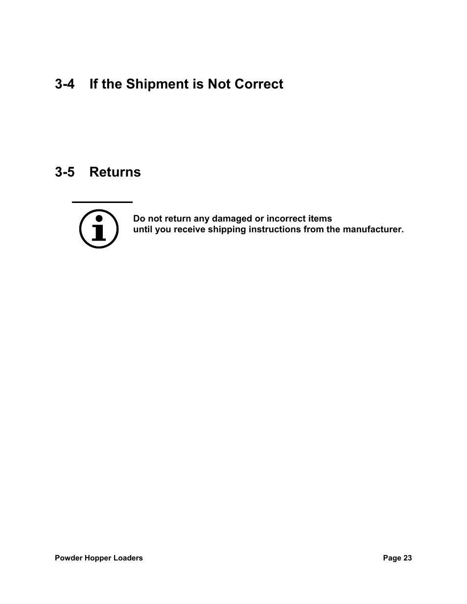 4 if the shipment is not correct, 5 returns, Important | Sterlco SPL Series Powder Hopper Loader User Manual | Page 23 / 43