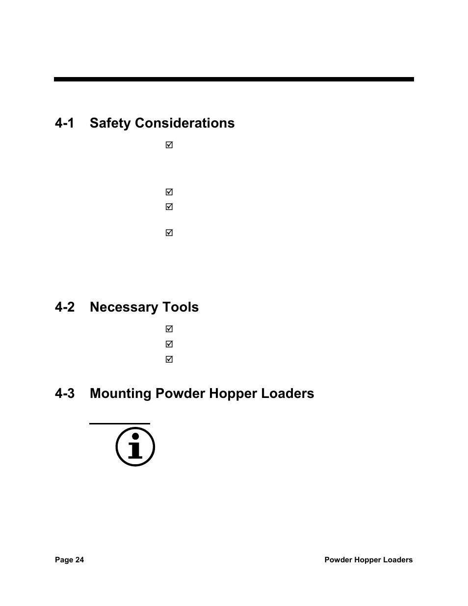 4installation & setup, 1 safety considerations, 2 necessary tools | 3 mounting powder hopper loaders, Important | Sterlco SPL Series Powder Hopper Loader User Manual | Page 24 / 43