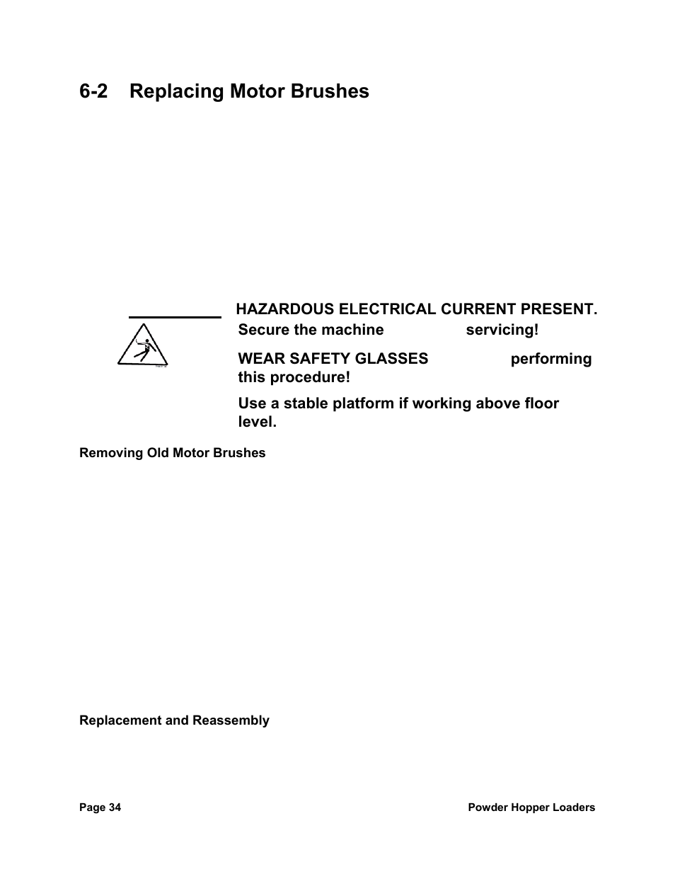 2 replacing motor brushes, Warning, Before | Sterlco SPL Series Powder Hopper Loader User Manual | Page 34 / 43