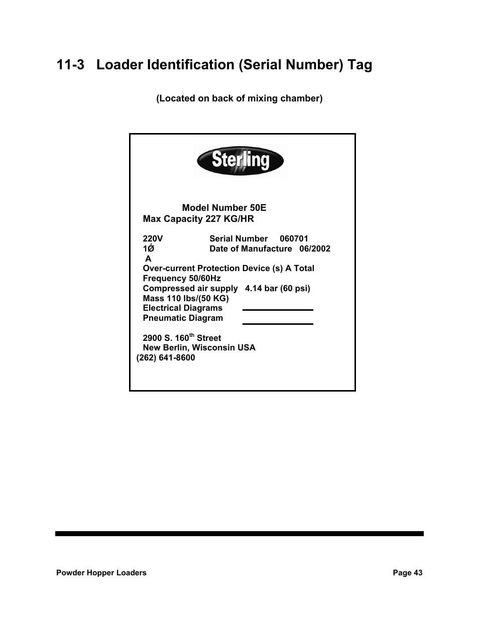 3 loader identification (serial number) tag | Sterlco SPL Series Powder Hopper Loader User Manual | Page 43 / 43