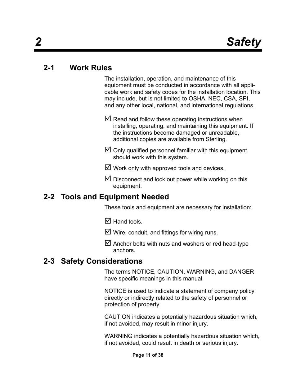 1 work rules, 2 tools & equipment needed, 3 safety considerations | 4 general responsibility, 2 safety | Sterlco SSC Conveying Systems User Manual | Page 12 / 39