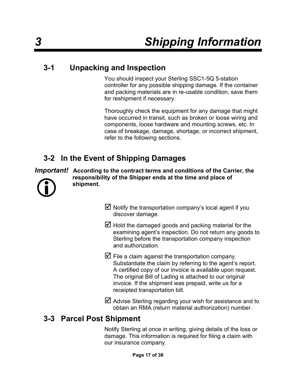 1 unpacking & inspection, 2 shipping damages, 3 parcel post shipment | 3 shipping information | Sterlco SSC Conveying Systems User Manual | Page 18 / 39