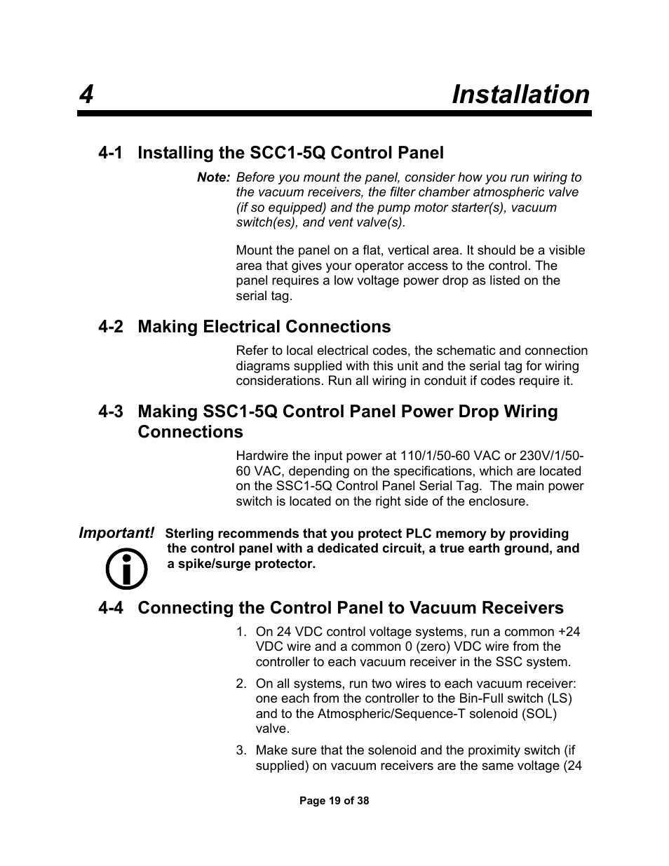 4 installation, 1 installing the scc1-5q control panel, 2 making electrical connections | 4 connecting the control pabel to vacuum receivers, 5 connecting the control panel to the pump package | Sterlco SSC Conveying Systems User Manual | Page 20 / 39