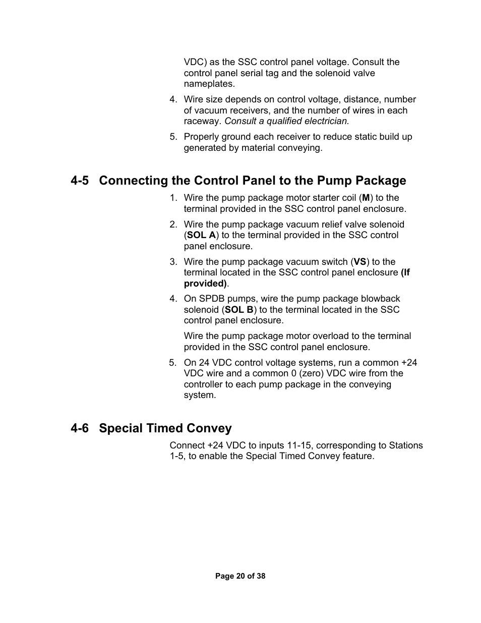 6 special timed convey, 5 using the controller, 5 connecting the control panel to the pump package | Sterlco SSC Conveying Systems User Manual | Page 21 / 39
