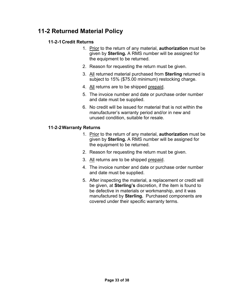 3 warranty, 2 returned material policy | Sterlco SSC Conveying Systems User Manual | Page 34 / 39