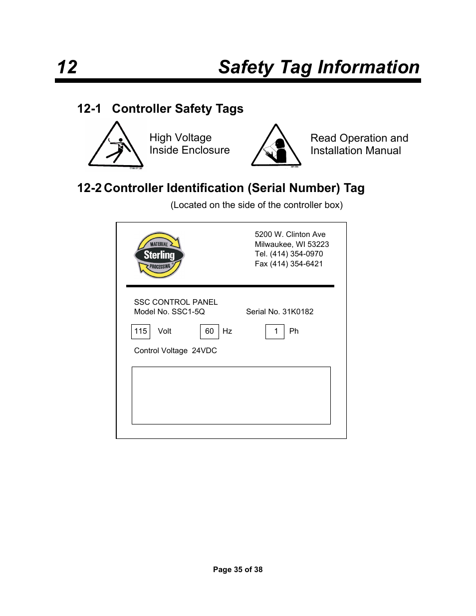1 controller safety tags, 2 controller identification tag, 13 appendix | 12 safety tag information | Sterlco SSC Conveying Systems User Manual | Page 36 / 39