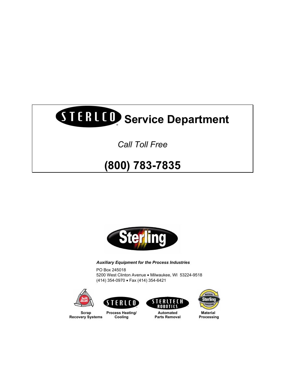 Service department, Call toll free | Sterlco SSC Conveying Systems User Manual | Page 39 / 39