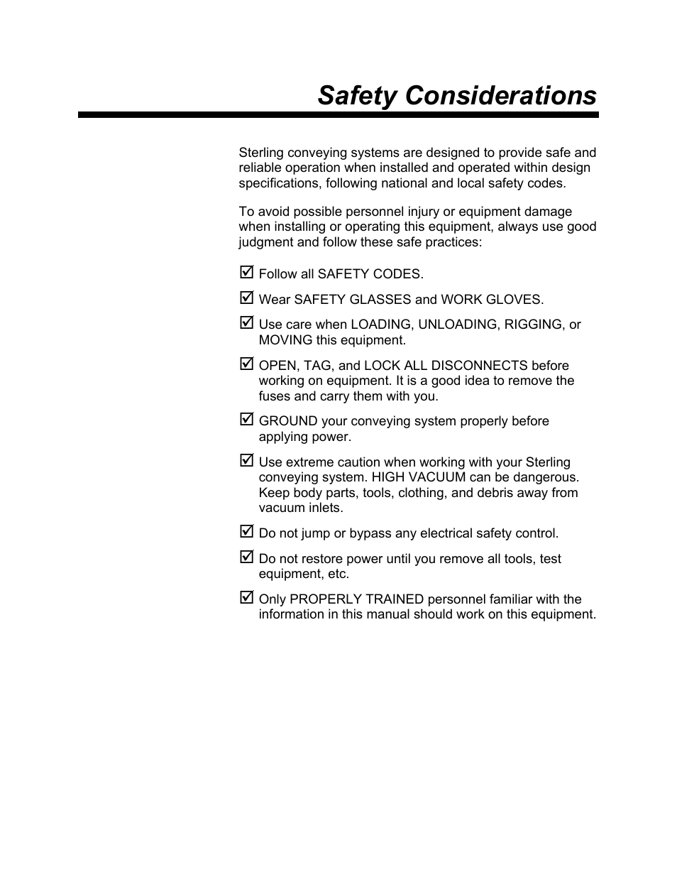 Manufacturer's information, Safety considerations | Sterlco SSC Conveying Systems User Manual | Page 7 / 39
